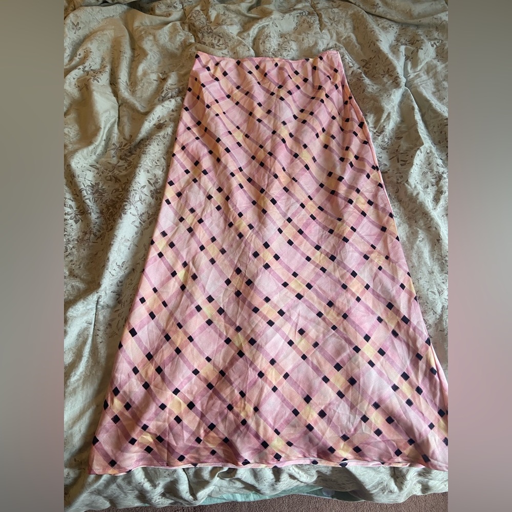 Topshop pink plaid satin midi skirt